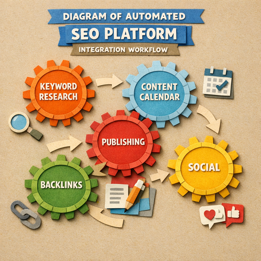 Papercraft style visual of a dashboard showing campaign performance metrics for an automated SEO platform. Alt: automated SEO platform performance monitoring.