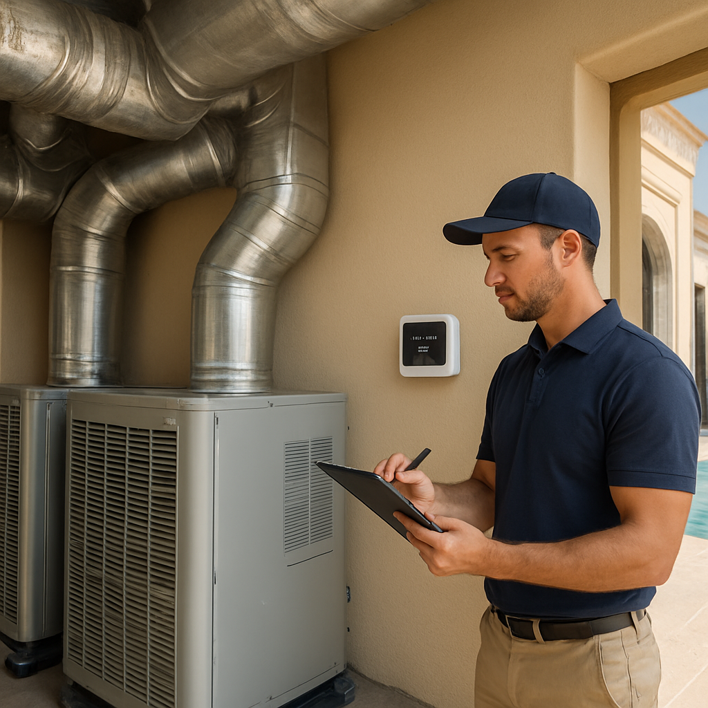 A photorealistic scene of a technician evaluating a villa's HVAC units and thermostat placement in a Dubai luxury home, showing ductwork, wall‑mounted thermostat, and sunny exterior. Alt: automated smart thermostat integration Dubai assessment of HVAC infrastructure.