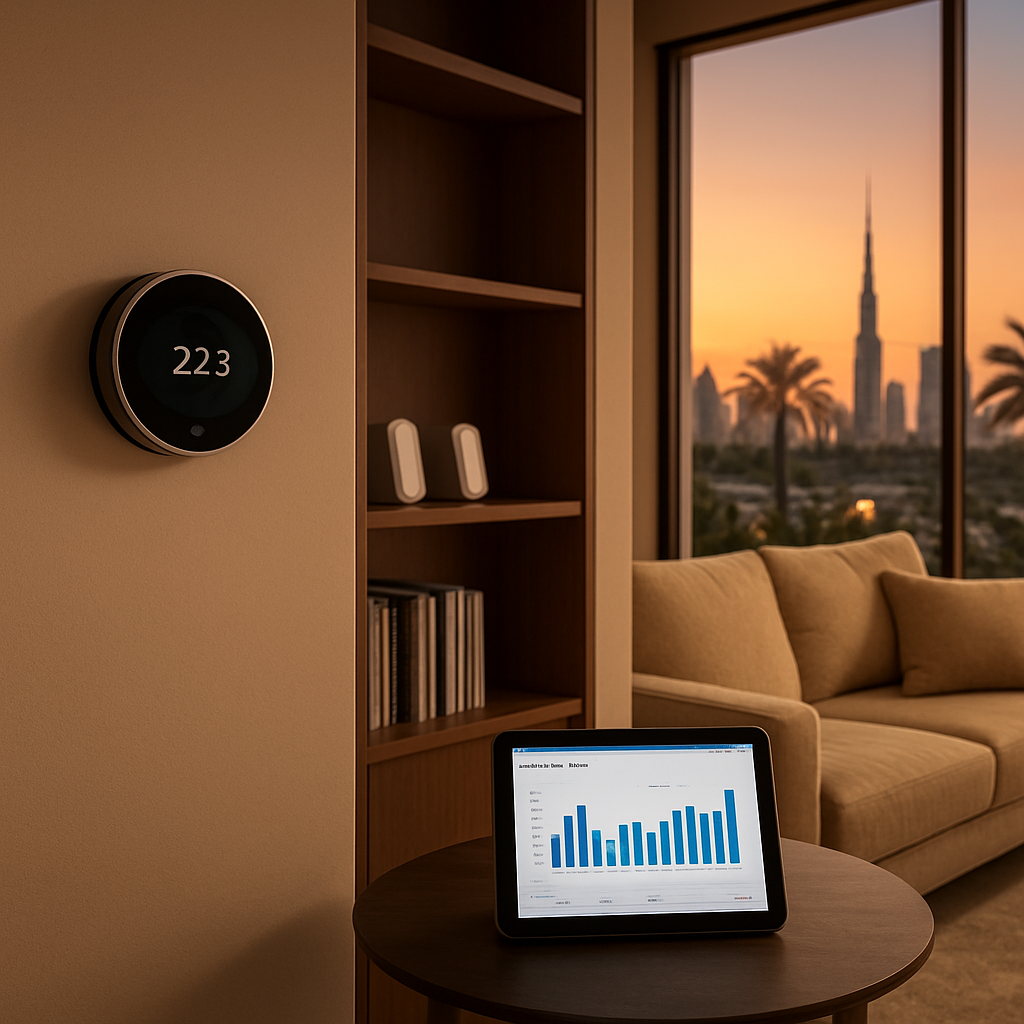 A photorealistic scene of a Dubai villa living room at sunset, showing a sleek smart thermostat on the wall, remote temperature sensors on a bookshelf, and a tablet displaying energy‑saving graphs. Alt: Automated smart thermostat integration Dubai optimizing energy savings.