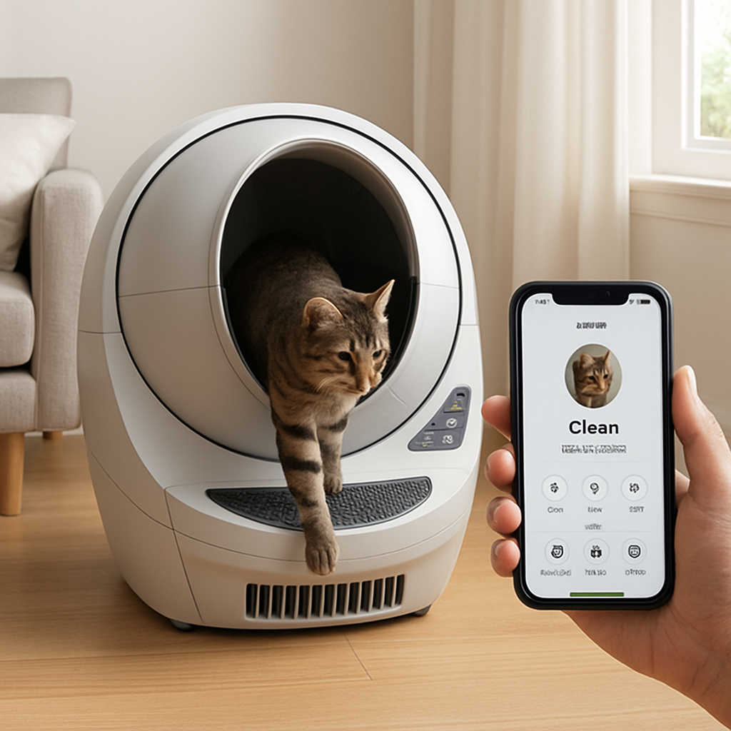 A sleek, modern Litter‑Robot 4 placed in a bright living room corner, a cat stepping in, with a smartphone displaying the Whisker app interface. Alt: Automatic cat litter box with smart monitoring features.