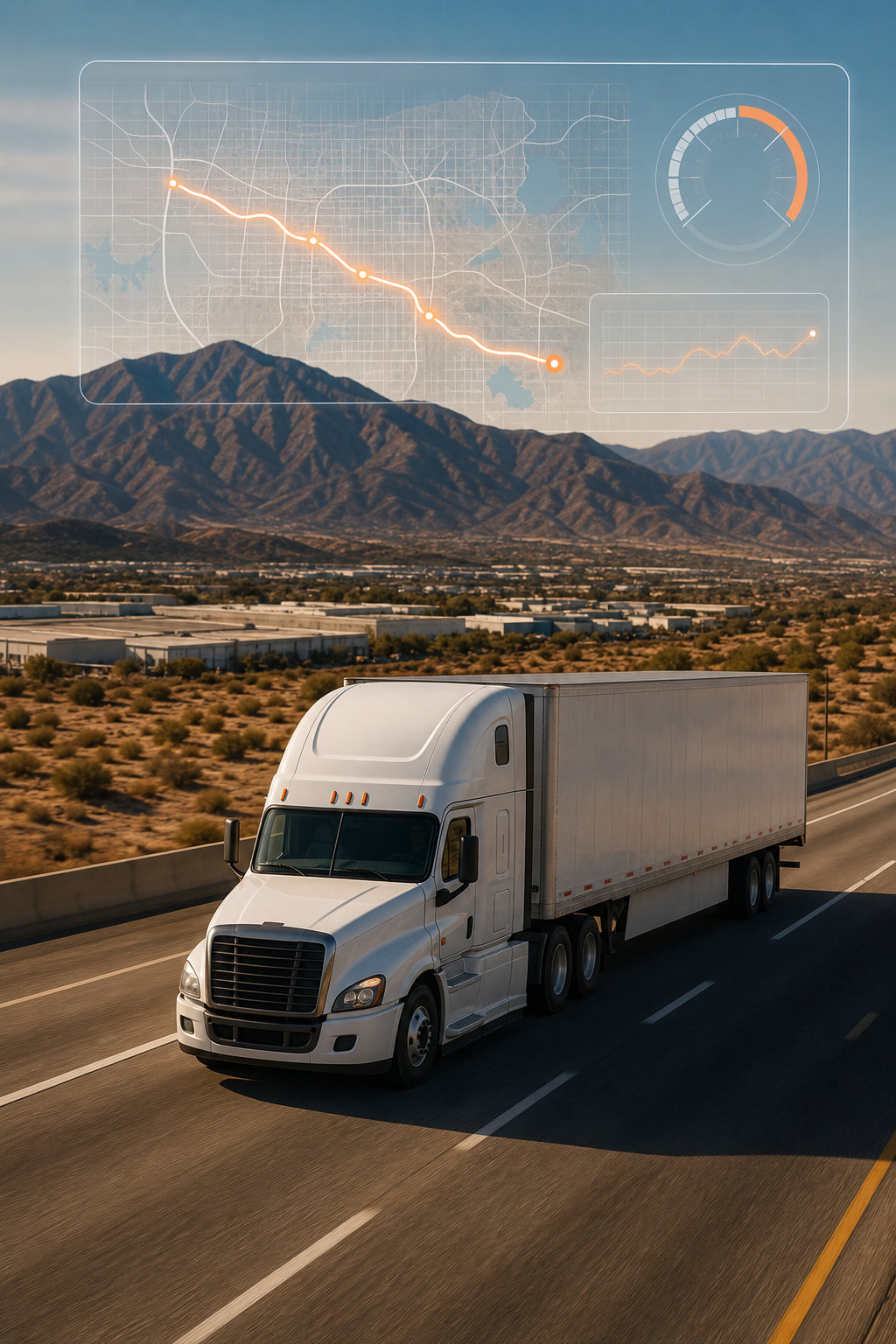 A realistic illustration of a FedEx linehaul truck on a desert highway near the Inland Empire, showing mileage markers and a digital route overlay. Alt: FedEx linehaul driver mileage expectations in the Inland Empire