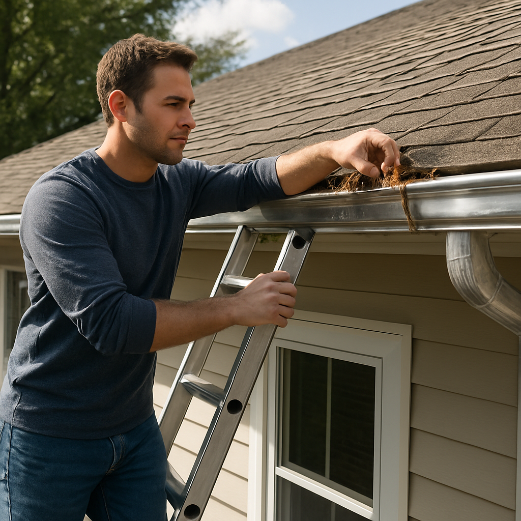 A homeowner standing on a ladder beside a clean, flowing gutter system, sunlight glinting off the metal. Alt: average gutter cleaning cost factors visual guide