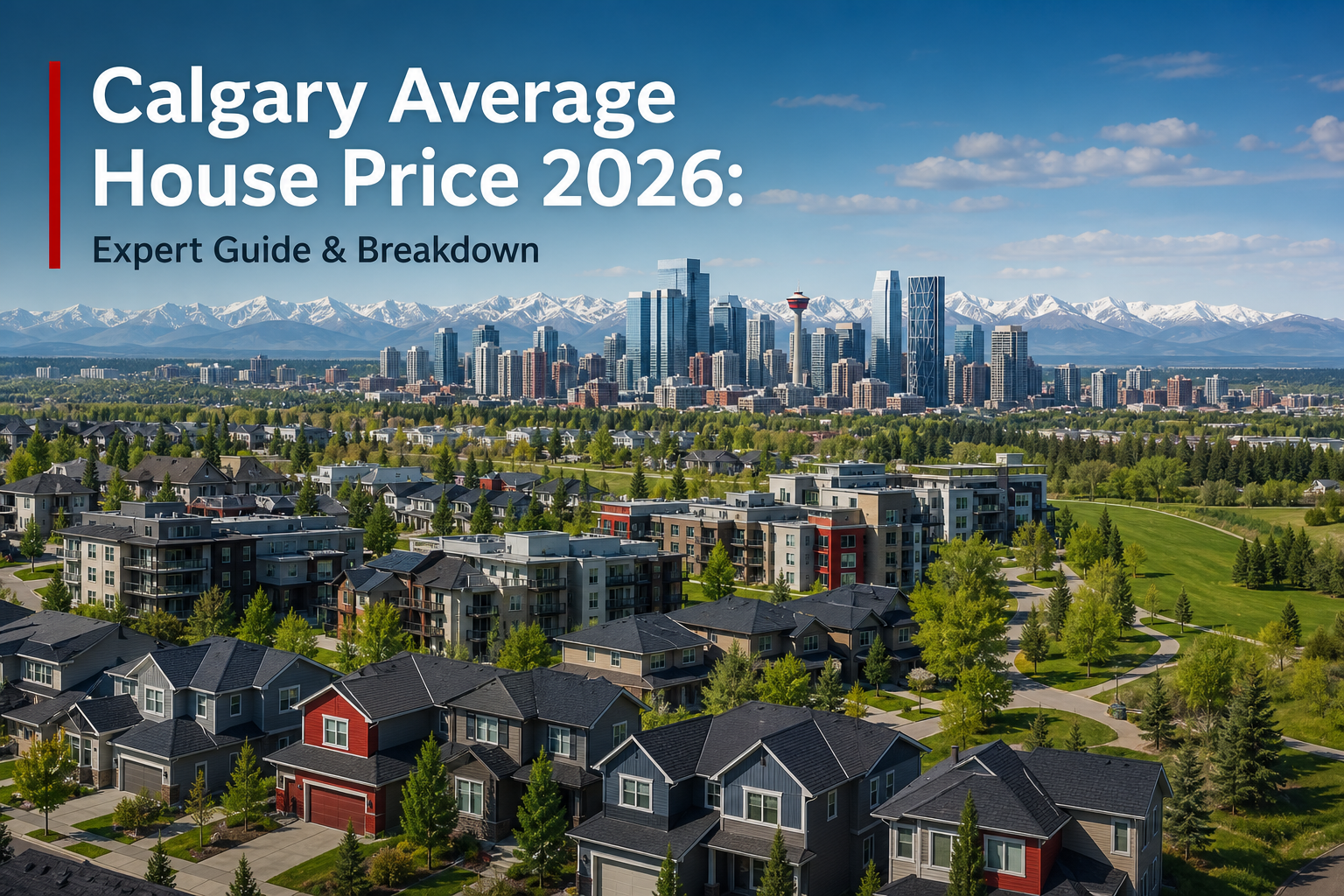 A photorealistic aerial view of a mix of modern single-family homes and low-rise condos in a Calgary neighborhood like Cougar Ridge or East Village, with green spaces and the Rocky Mountains on the horizon. Alt: Calgary houses for sale in diverse communities 2026.
