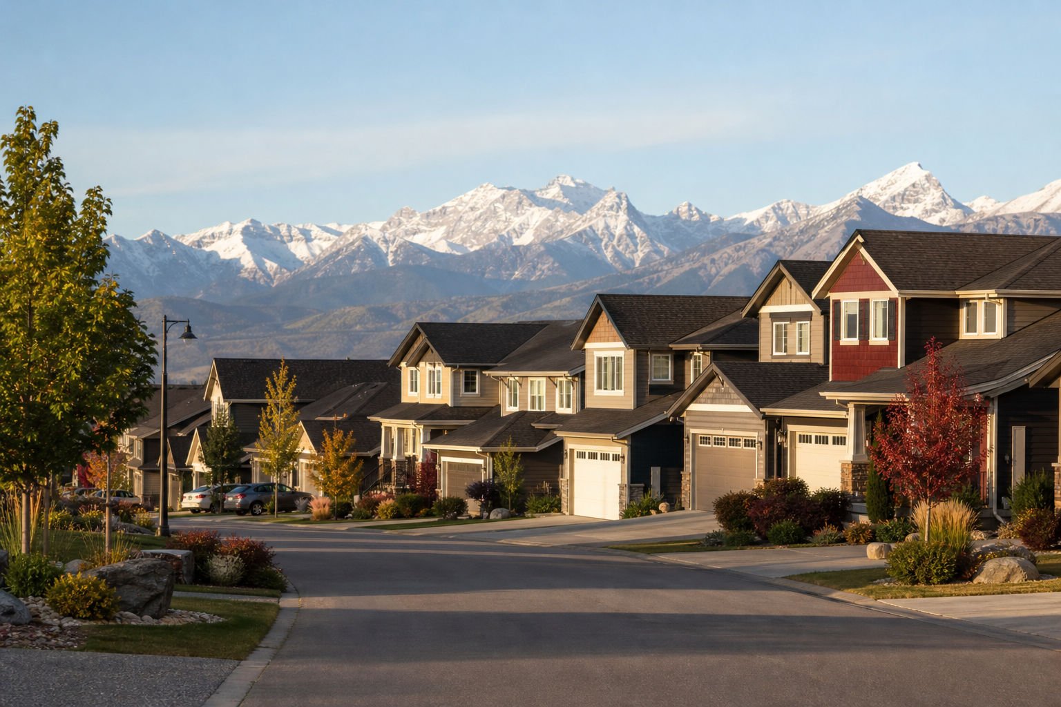 A panoramic photo of a suburban street in Cochrane with mountain views, showing modern single-family homes with landscaped yards. Alt: Houses for sale in Cochrane Alberta 2026.