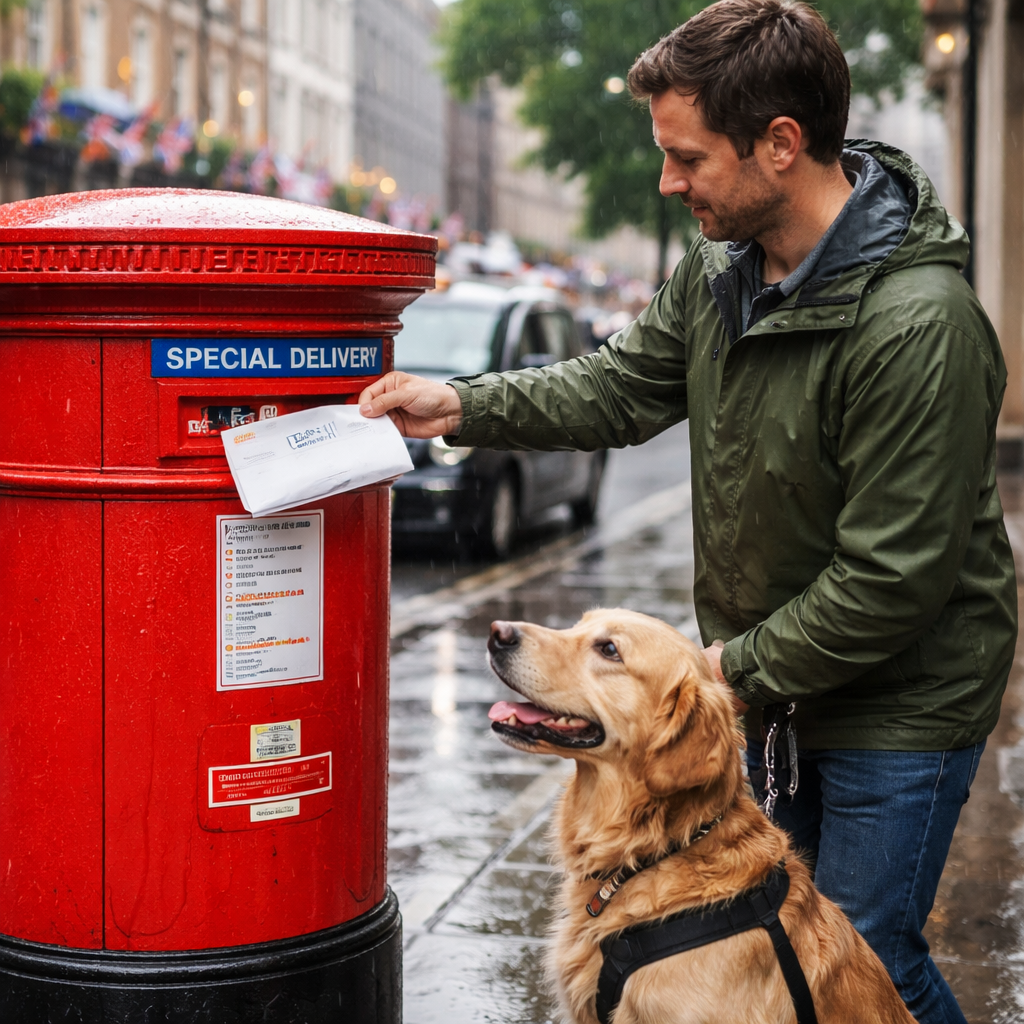 A photorealistic scene of a UK pet owner placing a sealed test kit envelope into a Royal Mail Special Delivery drop box on a rainy London street, with a friendly dog watching nearby. Alt: average turnaround for pet food intolerance test uk – pet owner mailing kit.