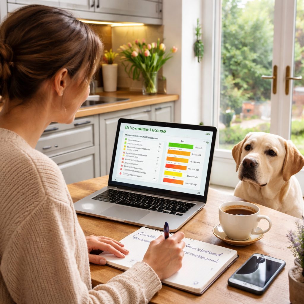 A photorealistic scene of a UK pet owner sitting at a kitchen table, laptop open showing a colour‑coded intolerance report, a notebook with symptom notes beside a cup of tea, a calm Labrador looking up expectantly. Alt: average turnaround for pet food intolerance test uk – lab results and interpretation in a British home setting.