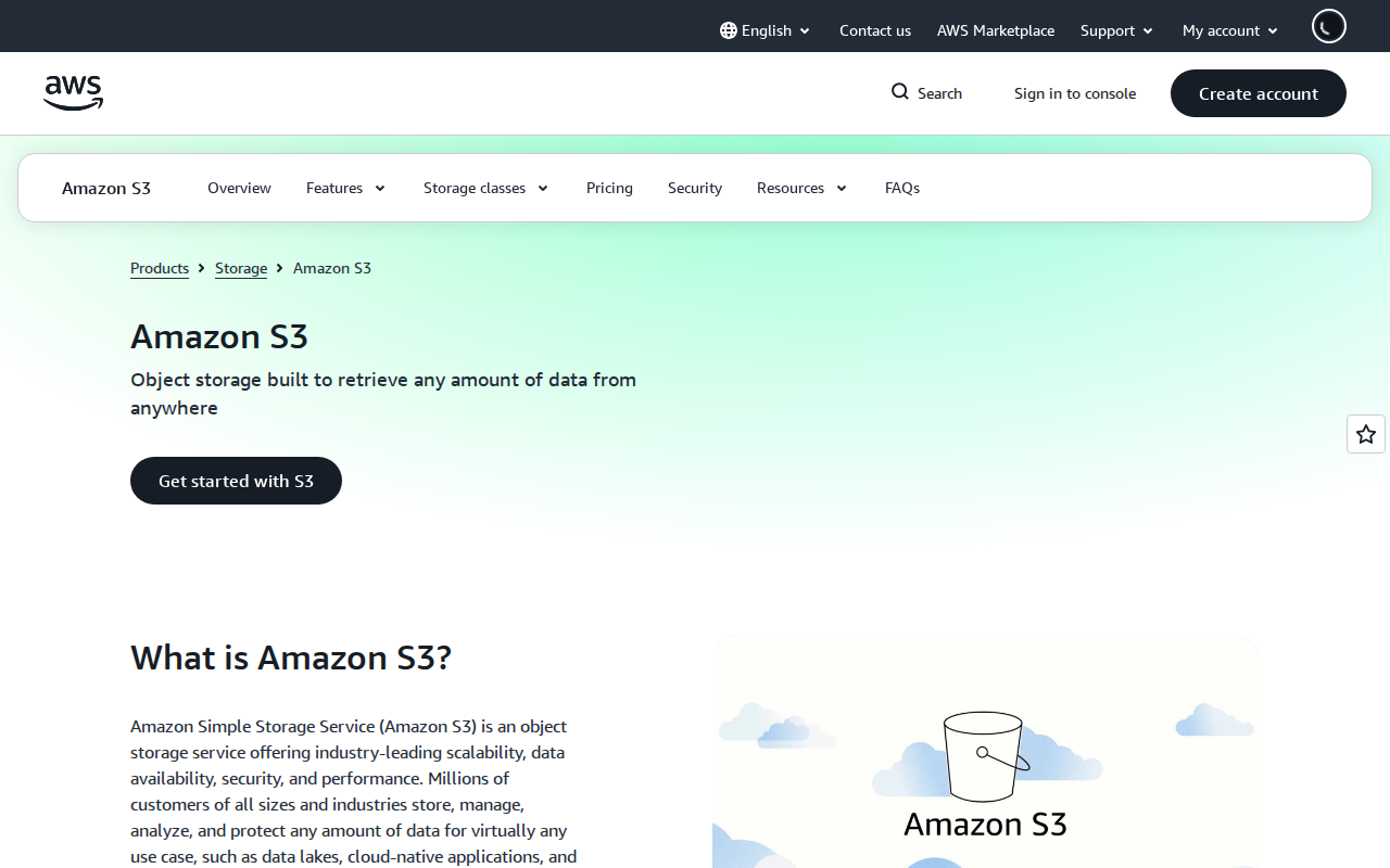 Amazon S3 homepage screenshot