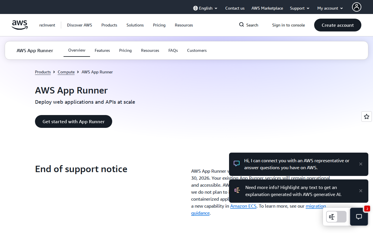 AWS App Runner homepage screenshot