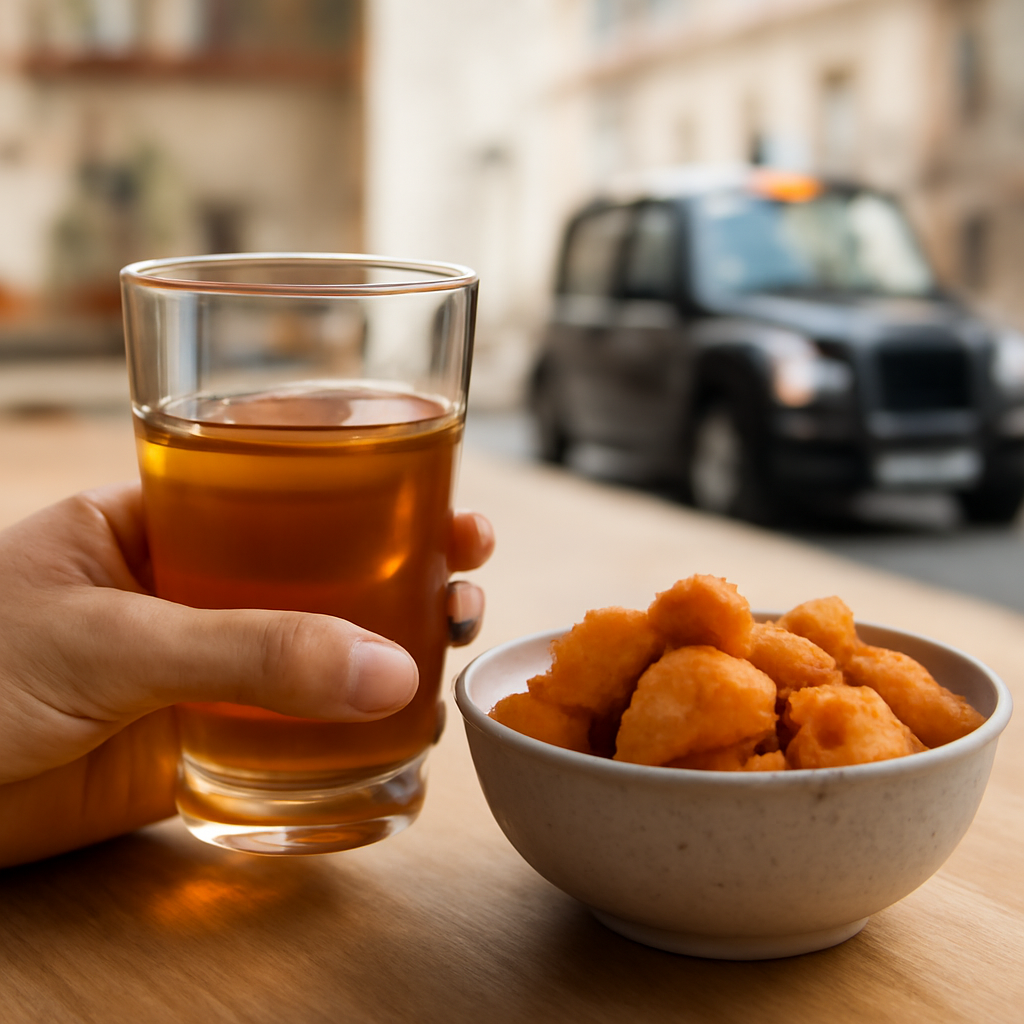 A warm hand cradling a glass of sesame oil beside a bowl of cooked sweet potatoes, a soft-focus kitchen background. Alt: Warm sesame oil with nourishing foods for dry skin.
