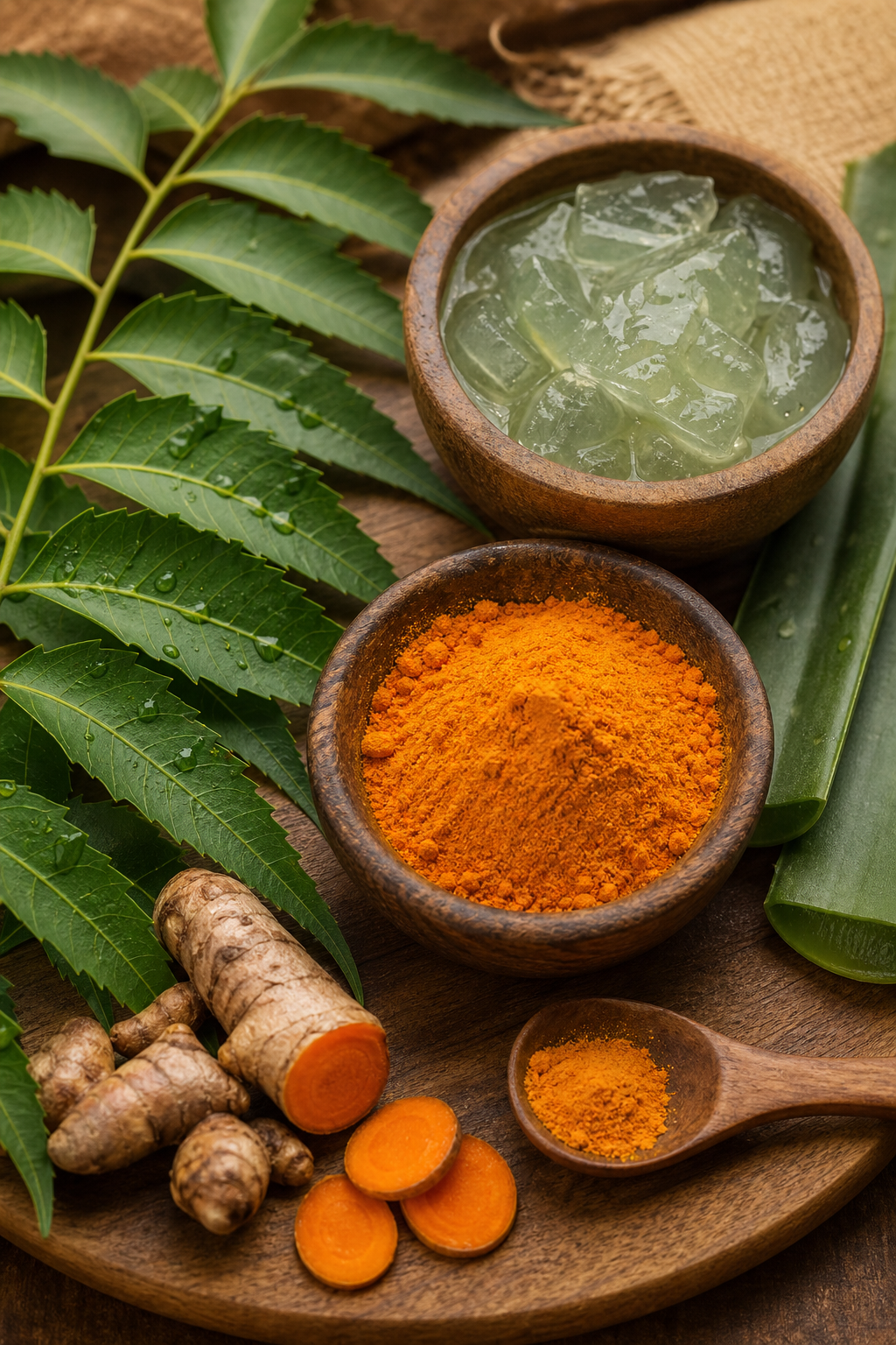 A realistic closeβup of fresh neem leaves, turmeric powder, and aloe gel on a wooden board, showcasing natural Ayurvedic ingredients for a face serum. Alt: Ayurvedic herbal ingredients for sensitive skin serum