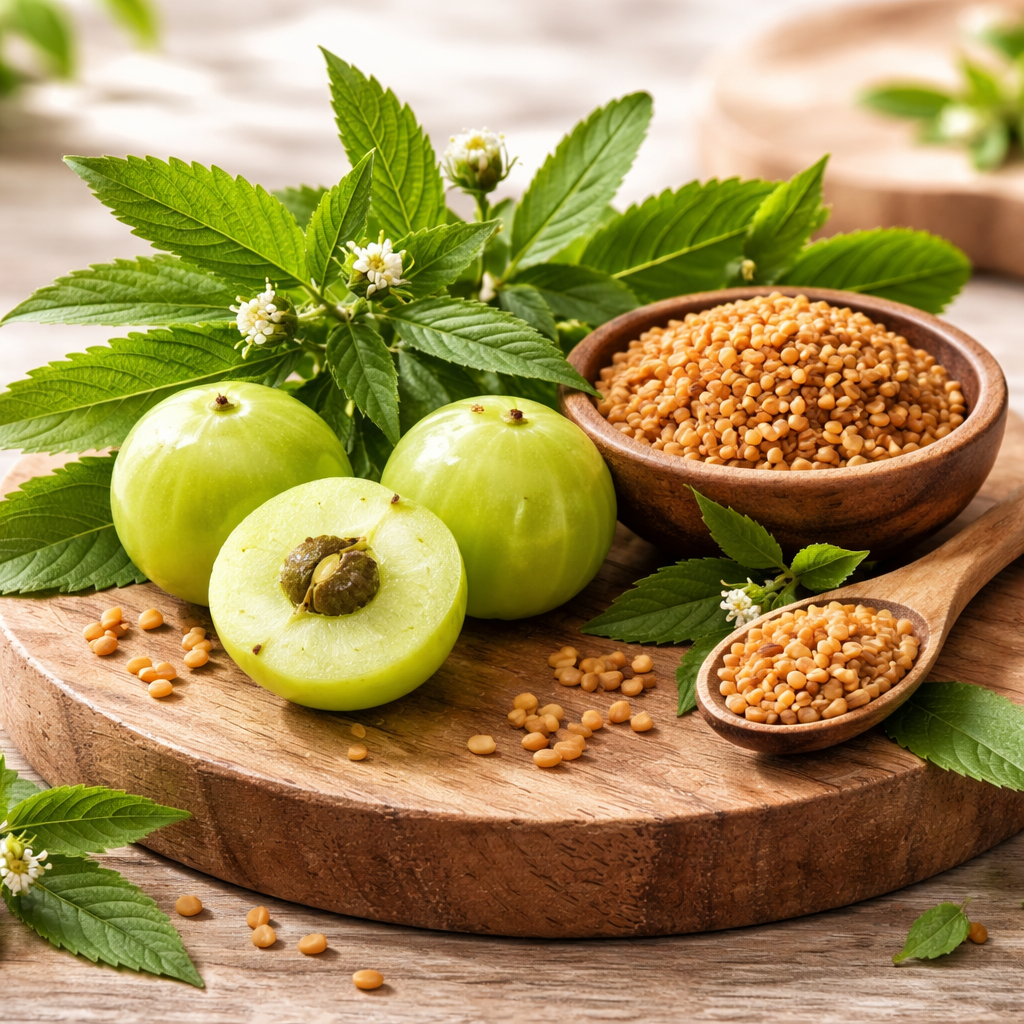A photorealistic close‑up of bhringraj leaves, amla fruit, and fenugreek seeds arranged on a natural wooden board, with soft daylight highlighting texture. Alt: ayurvedic herbs for hair regrowth