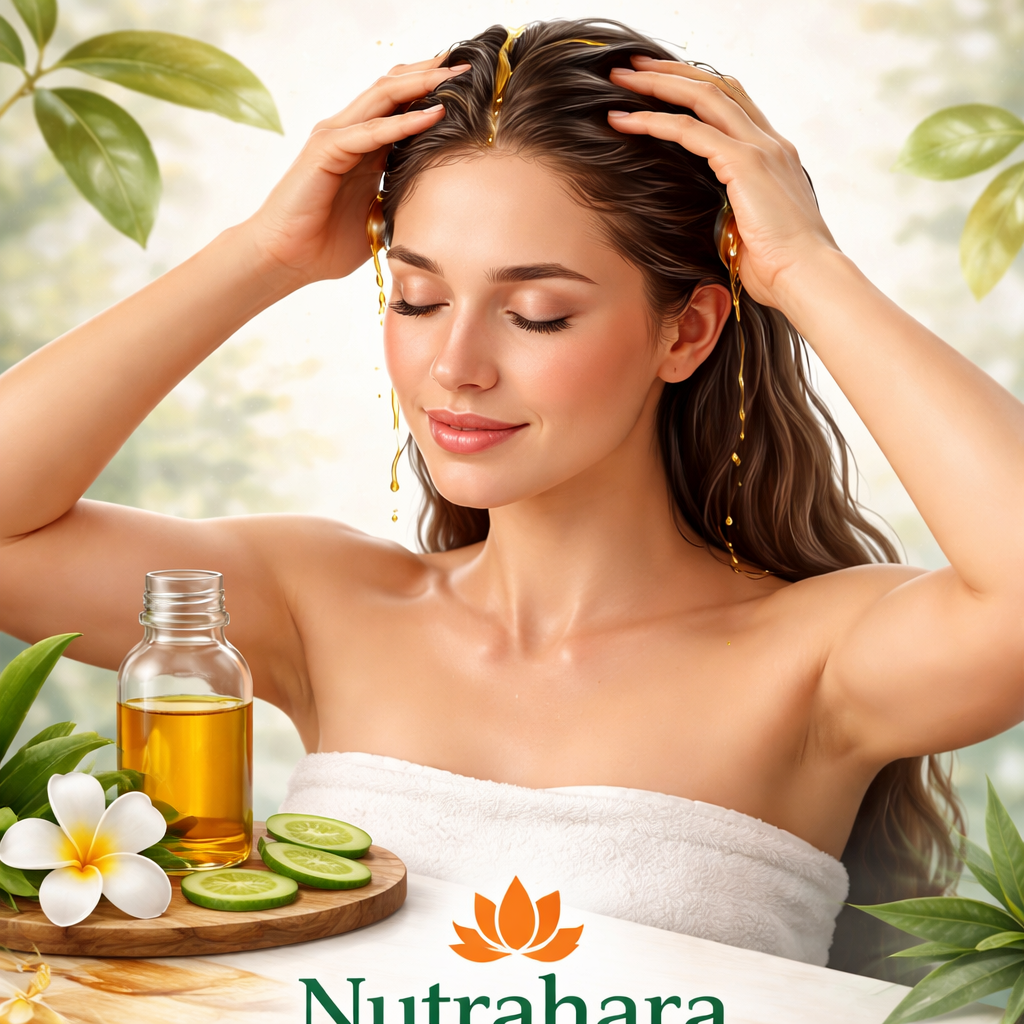A realistic illustration of a woman massaging her scalp with warm oil using circular motions, focusing on the crown and temples. Alt: Ayurvedic scalp massage routine