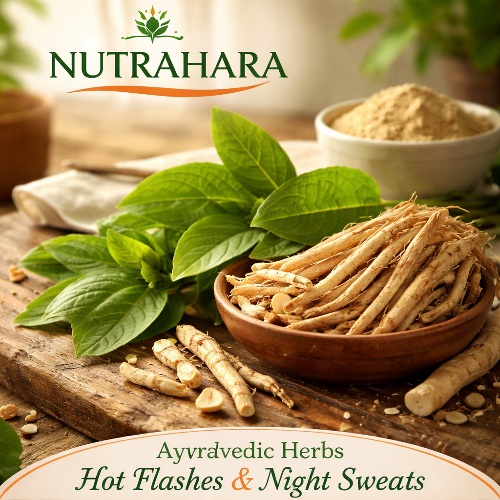 A photorealistic close‑up of shatavari root and ashwagandha leaf on a wooden table, warm lighting, alt text: ayurvedic herbs for hot flashes and night sweats