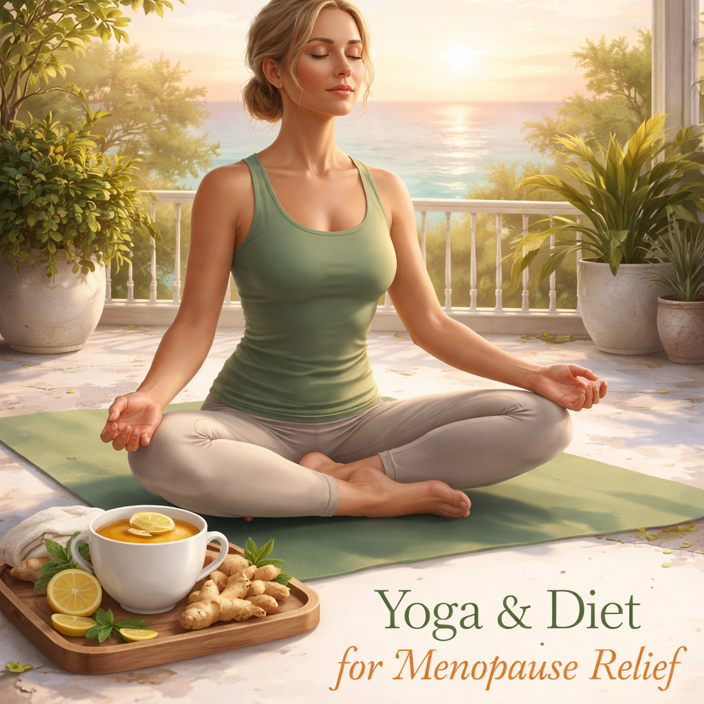 A realistic illustration of a woman practicing gentle yoga at sunrise, with a cup of ginger tea beside her, alt text: yoga and diet for menopause relief