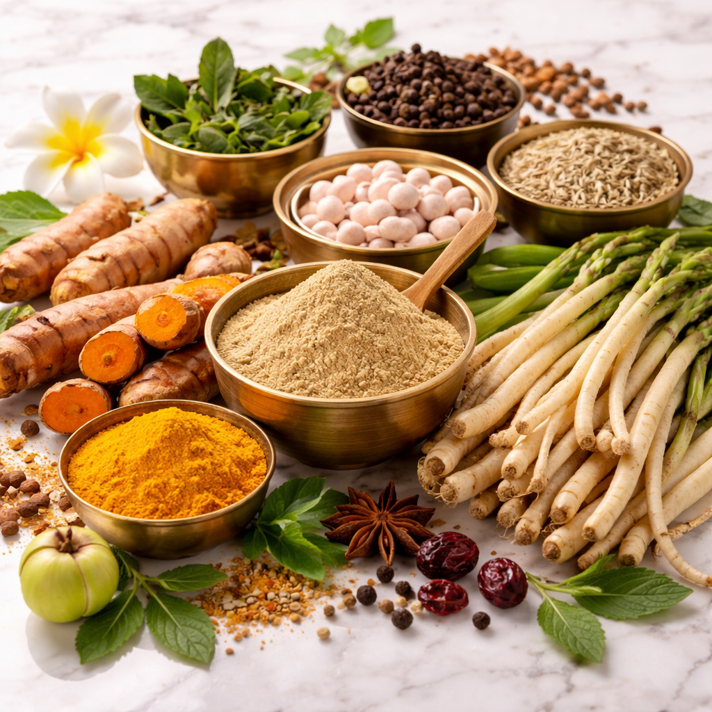 A photorealistic arrangement of traditional ayurvedic herbs and spices like turmeric root, ashwagandha powder, and shatavari on a marble surface with brass bowls. Alt: Traditional ayurvedic herbs and ingredients used in women's health supplements