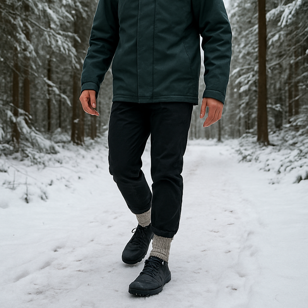 A person walking on a snowy forest trail wearing barefoot winter shoes, wool socks, and a waterproof outer layer. Alt: bästa barfotaskor för vinterpromenad med rätt kläder och utrustning