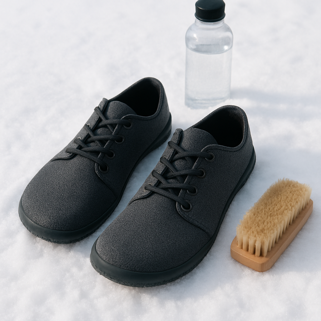 En närbild av barfotaskor på ett snötäckt vintergolv, med en mjuk borste och en vattenflaska i bakgrunden. Alt: underhåll av barfotaskor för vinterbruk – rengöring och förvaring.