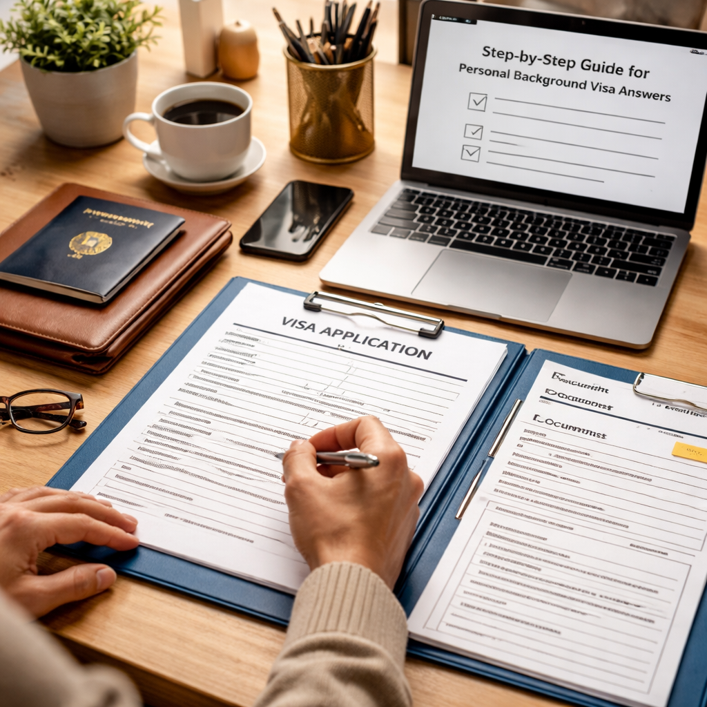 A photorealistic scene of a person sitting at a desk with a laptop, a passport, and a neatly organized folder of visa documents. Alt: person preparing B1/B2 interview documents at a desk