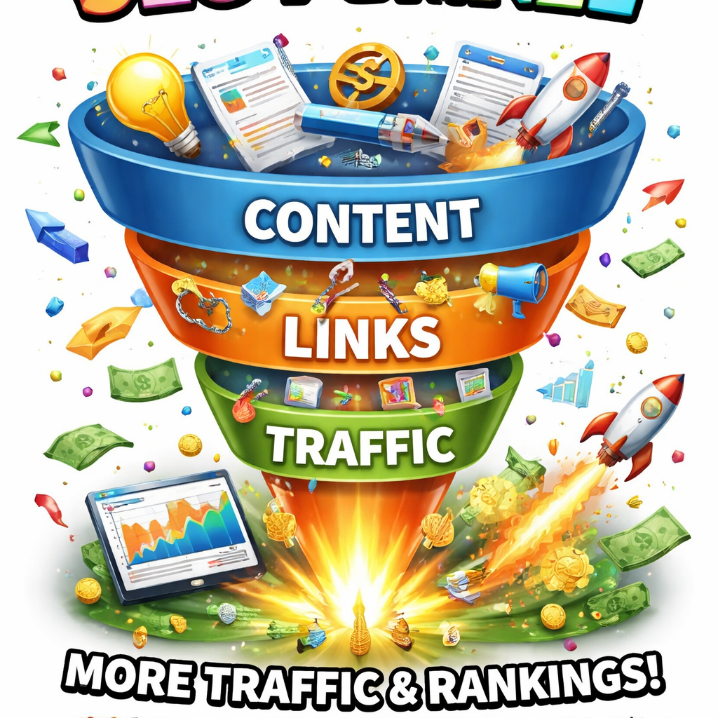 A stylized infographic showing a funnel of content creation, backlink building, and traffic growth. Alt: SEO funnel diagram with icons for content, links, traffic.