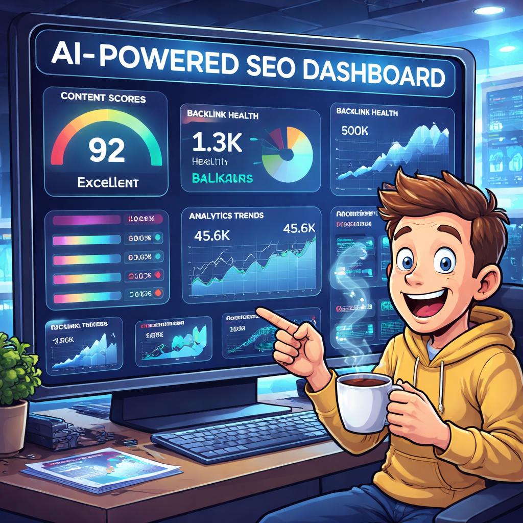 A futuristic dashboard showing AI-generated content scores, backlink health, and analytics trends. Alt: AI-powered SEO dashboard with graphs and metrics.