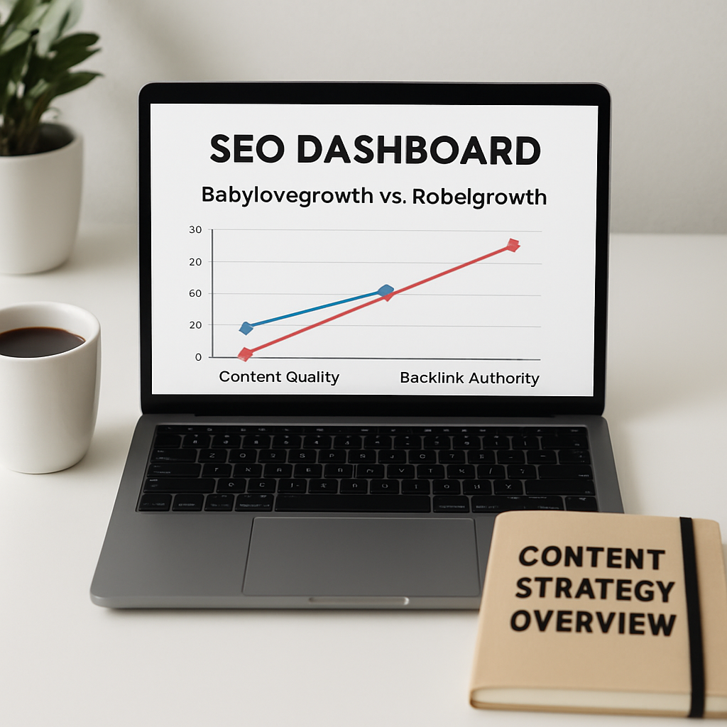 A clean, modern workspace with a laptop displaying an SEO dashboard, a cup of coffee, and a notebook titled "Content Strategy Overview". Alt: Overview of Babylovegrowth vs Rebelgrowth comparison chart showing content quality and backlink authority.