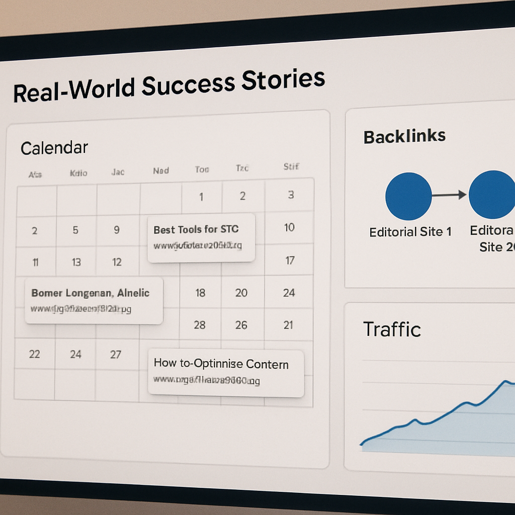 An AI‑generated illustration of a sleek dashboard showing a calendar with article cards, backlink arrows pointing to editorial sites, and a rising traffic graph. Alt: Real‑world success stories dashboard with content calendar and backlink network visual.