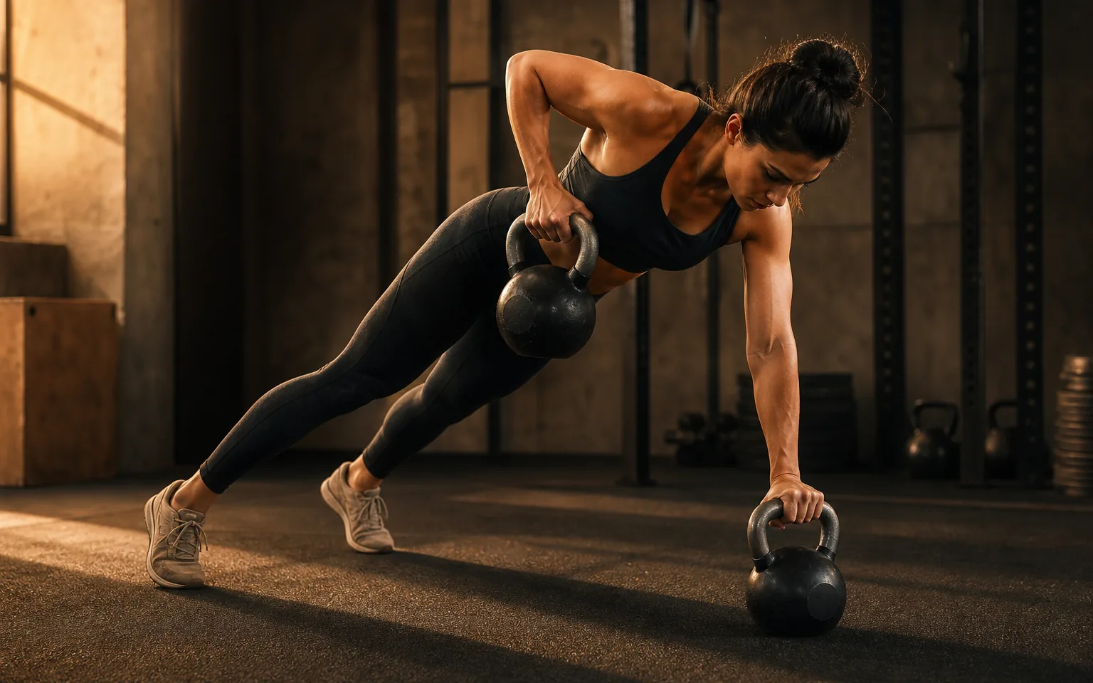 A woman rows one kettlebell from a wide-plank position.