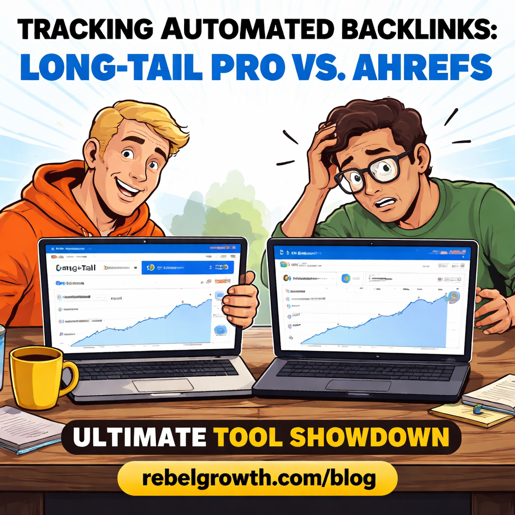 A modern analytics dashboard on a laptop screen, showing a line graph of backlinks over time, with coffee mug and sticky notes nearby. Alt: Monitoring automated backlinks for SEO growth