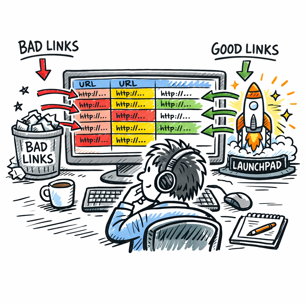 A Doodle illustration of a marketer sitting at a desk, looking at a colorful spreadsheet filled with URLs, arrows pointing from bad links to a trash can and good links to a glowing “Launchpad” rocket, representing the assessment of a link profile. Alt: backlink automation assessment visual.