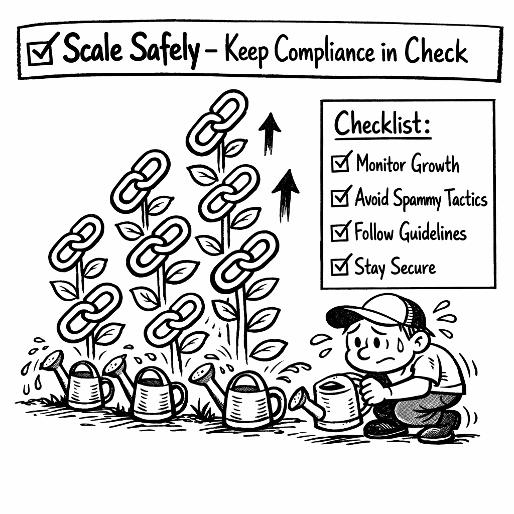 A doodle meme showing a garden of backlinks growing taller as a cartoon character cautiously adds more watering cans, with a checklist overlay that reads “Scale Safely – Keep Compliance in Check”. Alt: backlink automation scaling checklist meme