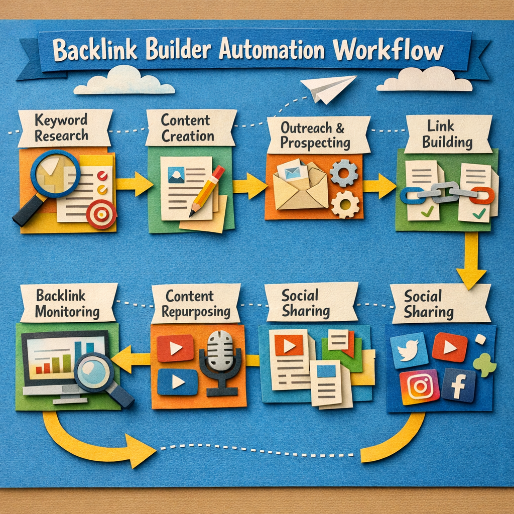A papercraft style illustration showing a flowchart of backlink builder automation steps, from keyword research to social repurposing. Alt: backlink builder software automation workflow