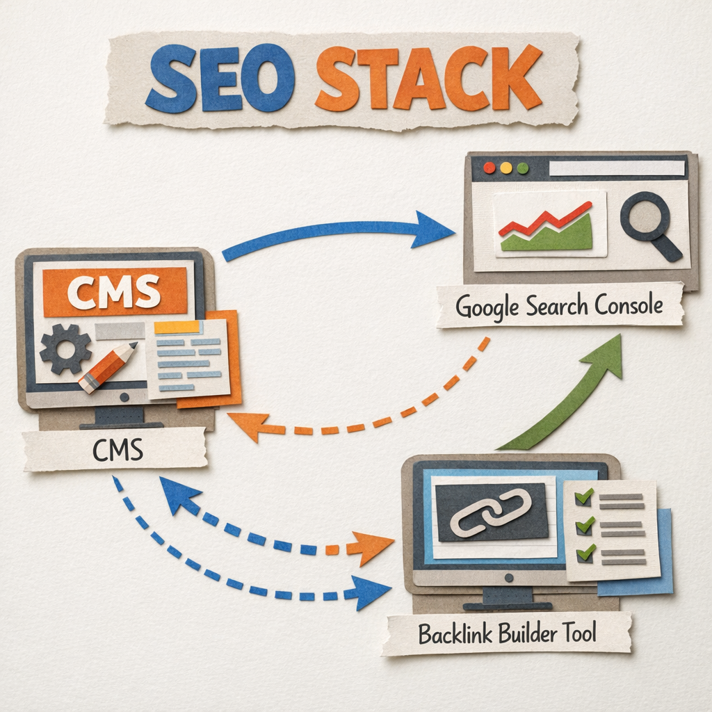 A papercraft style diagram of a SEO stack with arrows showing connections between a CMS, Google Search Console, and a backlink builder software. Alt: backlink builder software integration layout