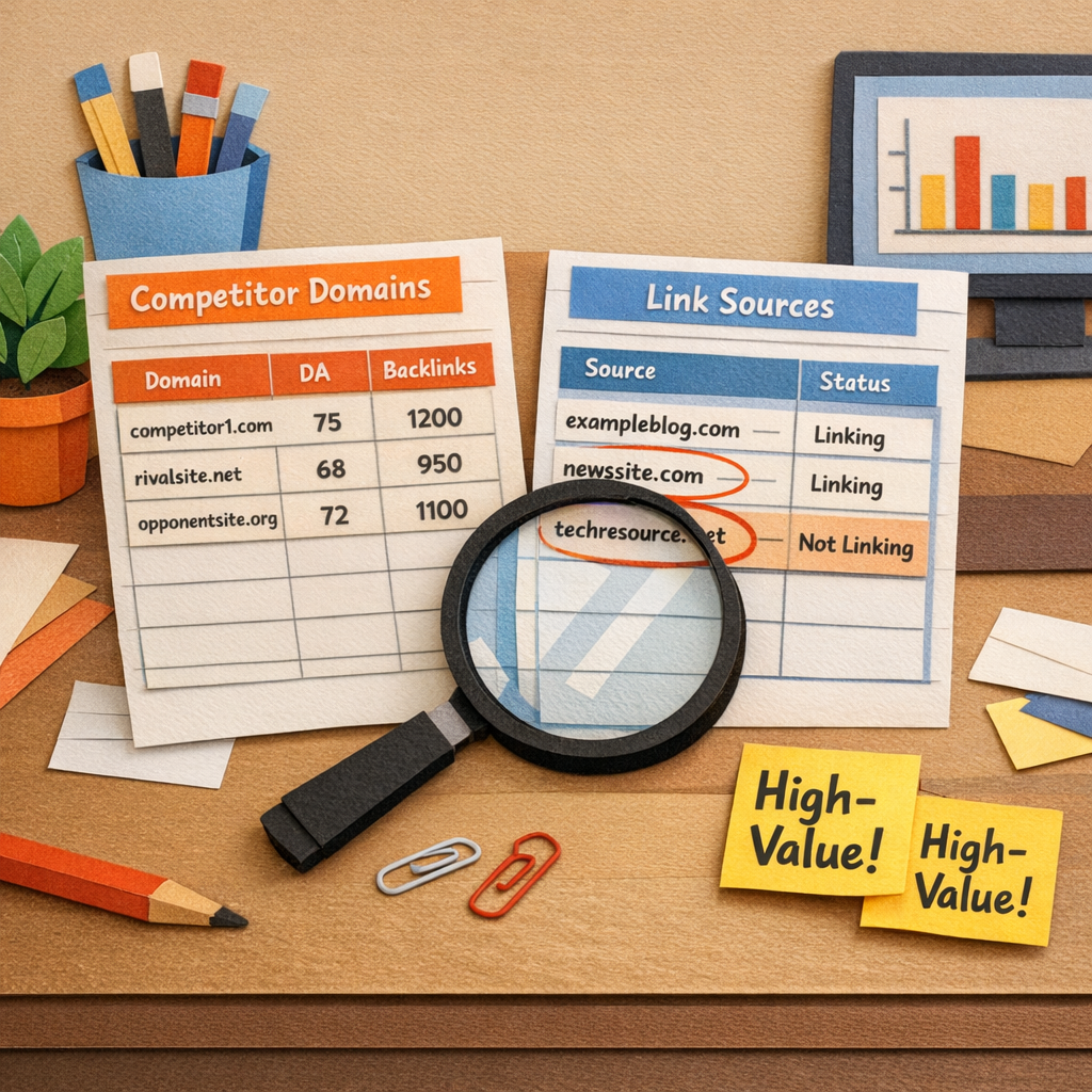 A Papercraft scene showing a desktop with spreadsheets of competitor domains, a magnifying glass highlighting link sources, and sticky notes labeled “high‑value”. Alt: Backlink gap analysis visual in papercraft style.