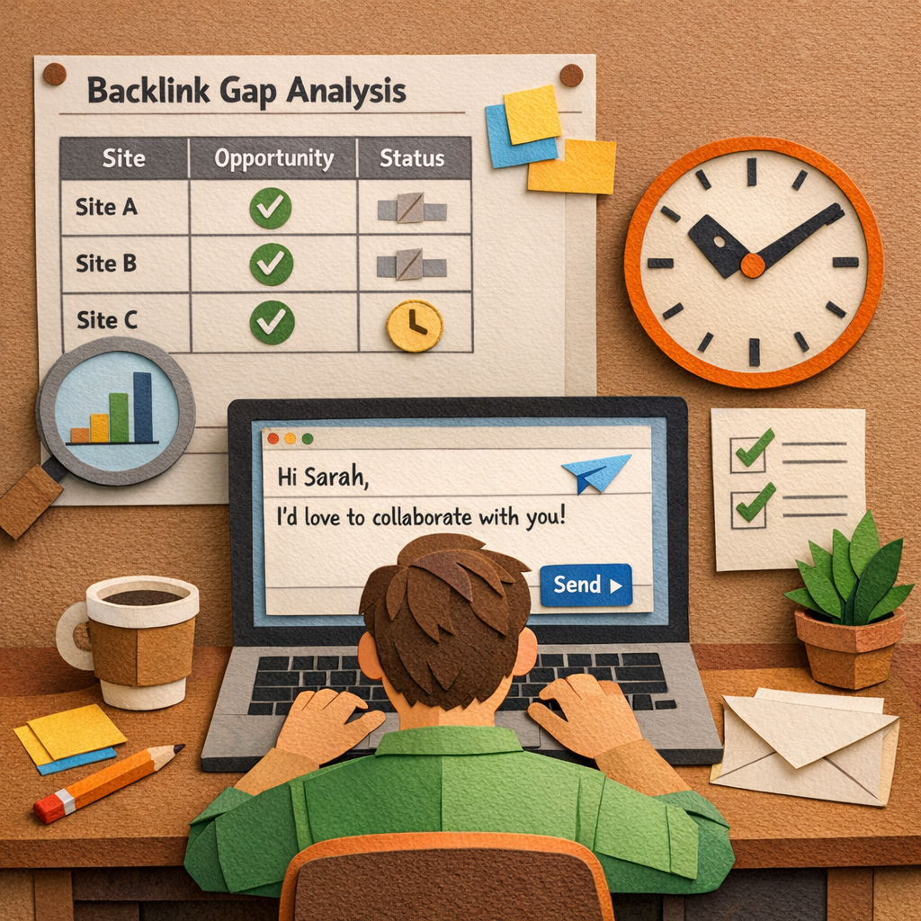 A Papercraft illustration of a marketer sending a personalized outreach email while looking at a spreadsheet of backlink gap analysis targets, showing checkmarks and a clock for follow‑up, appealing to digital marketing managers. Alt: backlink gap analysis outreach tracking visual