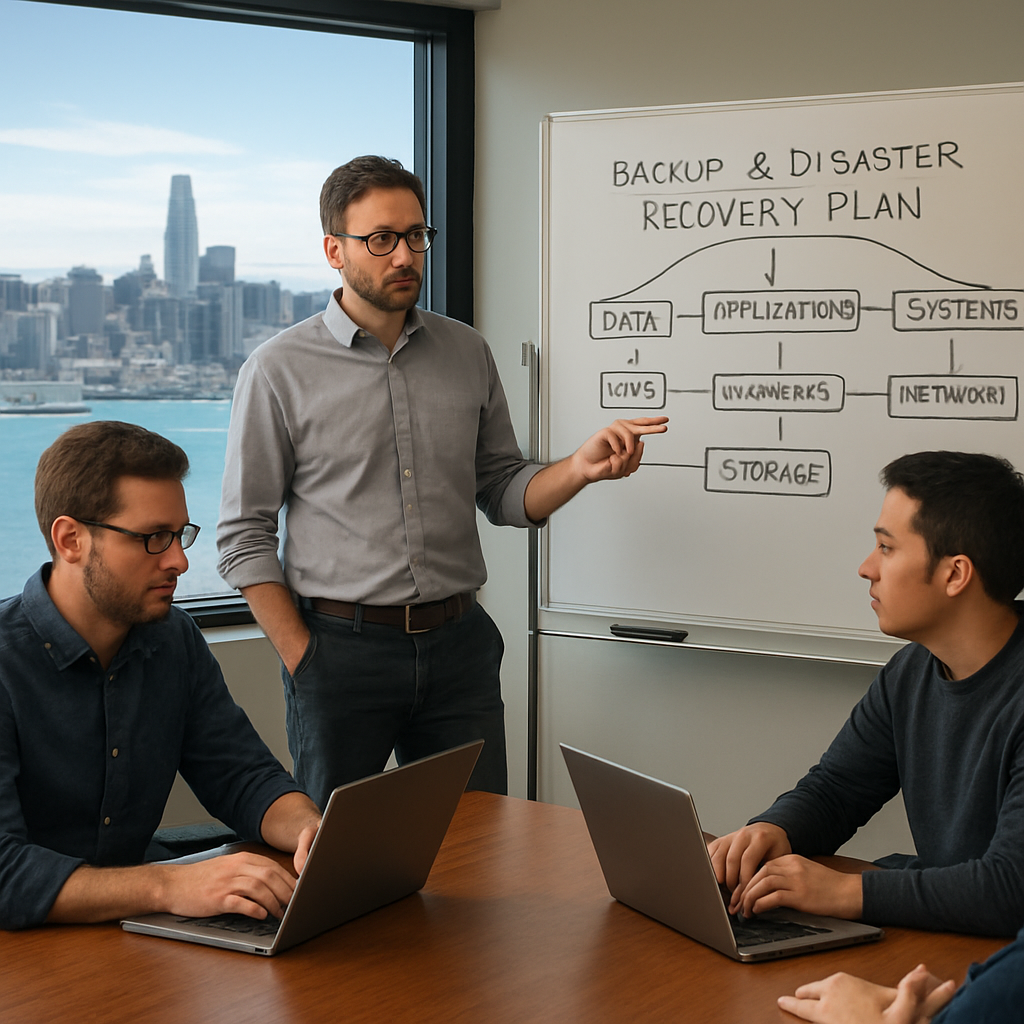 A photorealistic scene of a small business IT team in a conference room, laptops open, a whiteboard sketched with data categories, and a view of the San Francisco Bay Area skyline through the window, Realism. Alt: San Francisco backup and disaster recovery planning with SMB IT team.