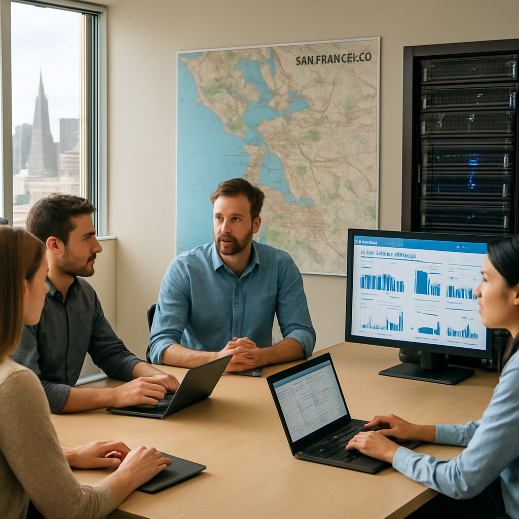 A photorealistic, daytime office scene in San Francisco showing a small IT team around a table, a server rack, and a wall map of the Bay Area with a monitor displaying backup dashboards. Alt: San Francisco backup planning in realism.
