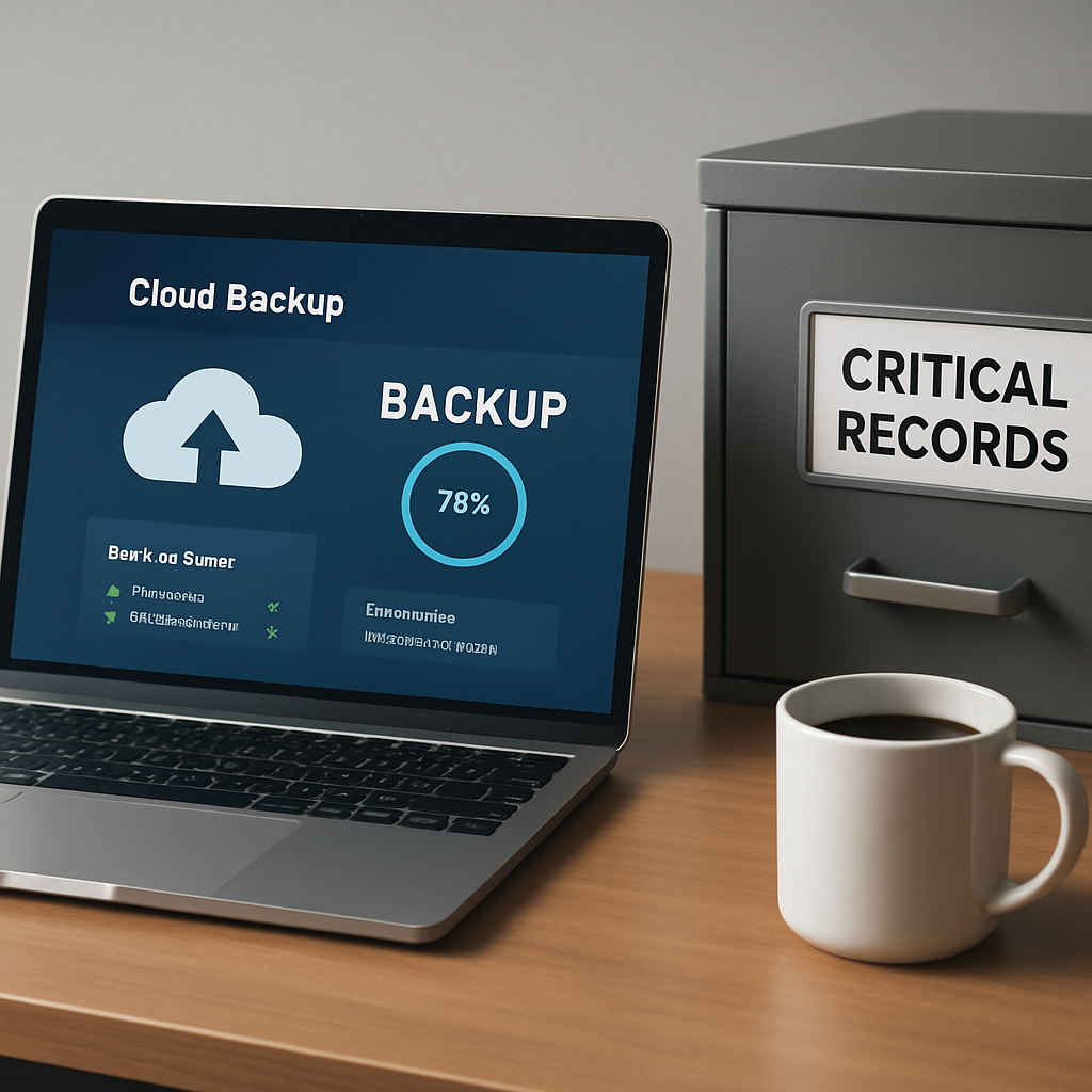 A modern office desk with a sleek laptop displaying a cloud backup dashboard, a physical filing cabinet labeled “Critical Records,” and a coffee mug. Alt: “Backup as a service data protection assessment visual”