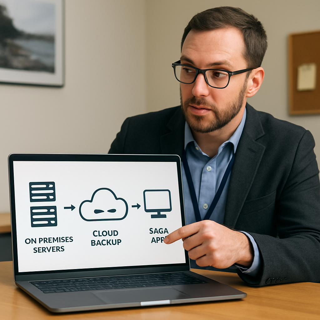 A tech consultant standing in a small Monterey office, pointing at a network diagram on a laptop screen that shows on‑prem servers, a cloud backup service, and SaaS apps linked together. Alt: backup as a service integration diagram showing hybrid architecture.