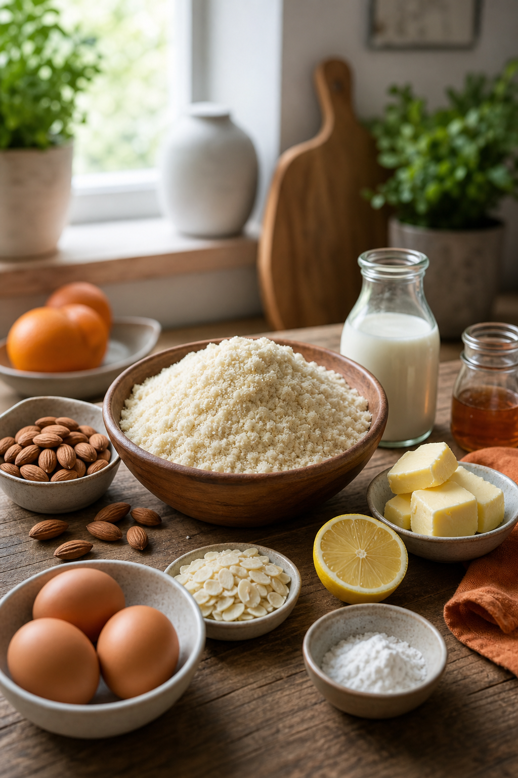 Badem unu ve diğer malzemelerin ahşap bir masa üzerinde düzenlenmiş hali, doğal ışık altında çekilmiş gerçekçi fotoğraf. Alt: Glutensiz kek yapımında kullanılan badem unu ve malzemeler