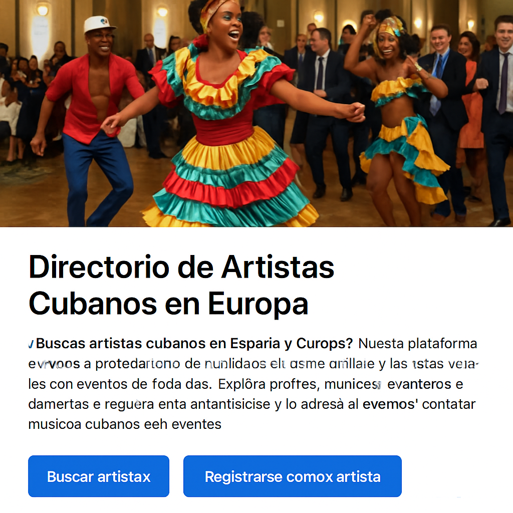 A vibrant scene of Cuban dancers performing at a corporate gala, colorful costumes, elegant venue, smiling guests dancing along. Alt: baile cubano en eventos corporativos y sociales, energía caribeña en un ambiente profesional