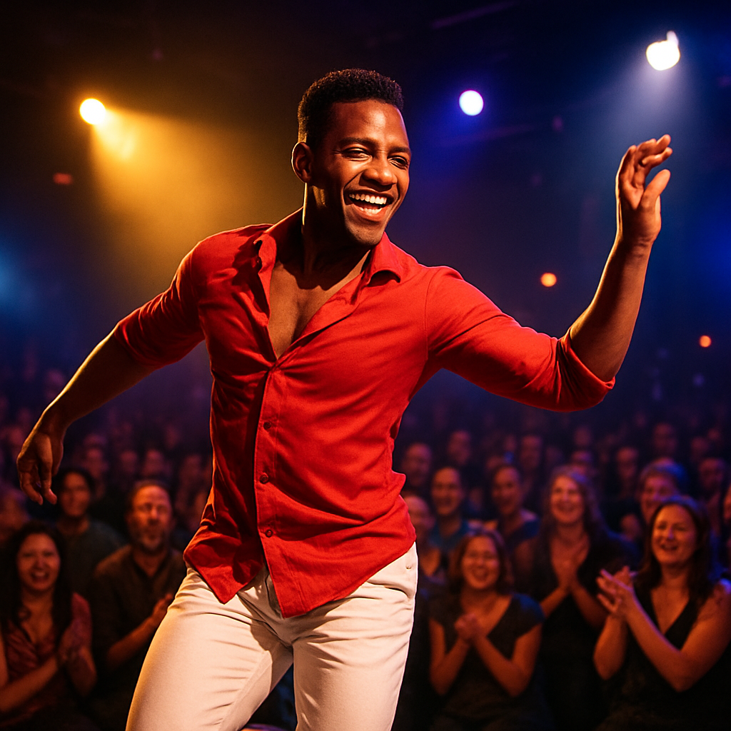 Un bailarín de salsa cubana en plena actuación, con luces de escenario y público disfrutando, mostrando movimiento y alegría. Alt: bailarines de salsa cubanos en eventos europeos