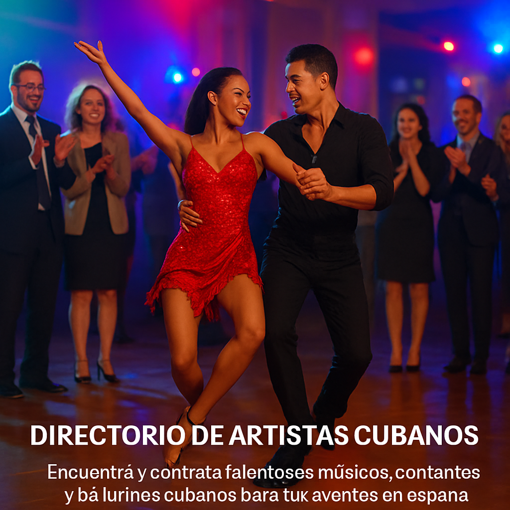 A vibrant corporate party with professional salsa dancers performing on a polished floor, guests clapping and smiling, colorful lighting highlighting the dancers. Alt: Bailarines de salsa para fiestas corporativas energizando el evento