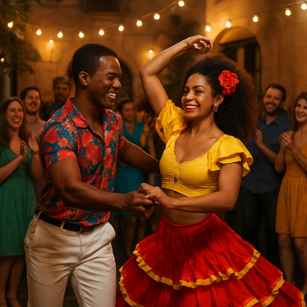 A vibrant scene of Cuban salsa dancers performing at a European party, showing authentic costumes and joyful audience. Alt: bailarines de salsa para fiestas auténticos y culturales