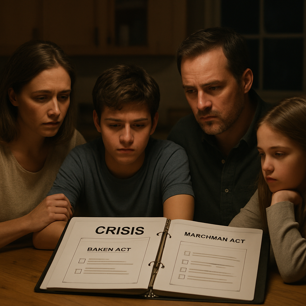 A photorealistic scene of a family gathered around a kitchen table late at night, an open crisis binder displaying a Baker Act vs Marchman Act checklist, soft natural lighting highlighting concerned faces. Alt: Realistic image of families reviewing legal hold options during a mental‑health or substance‑use emergency.