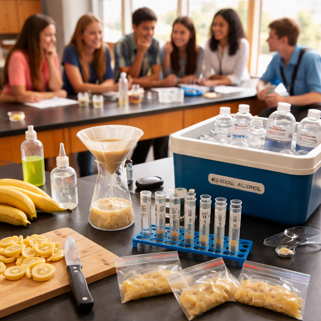 A photorealistic classroom lab bench showing sliced bananas, zip‑lock bags, labeled clear tubes, a coffee filter set up for filtration, and a cooler of ice‑cold isopropyl alcohol, with high school students gathered around, bright natural light streaming in. Alt: banana DNA extraction classroom activity workspace setup