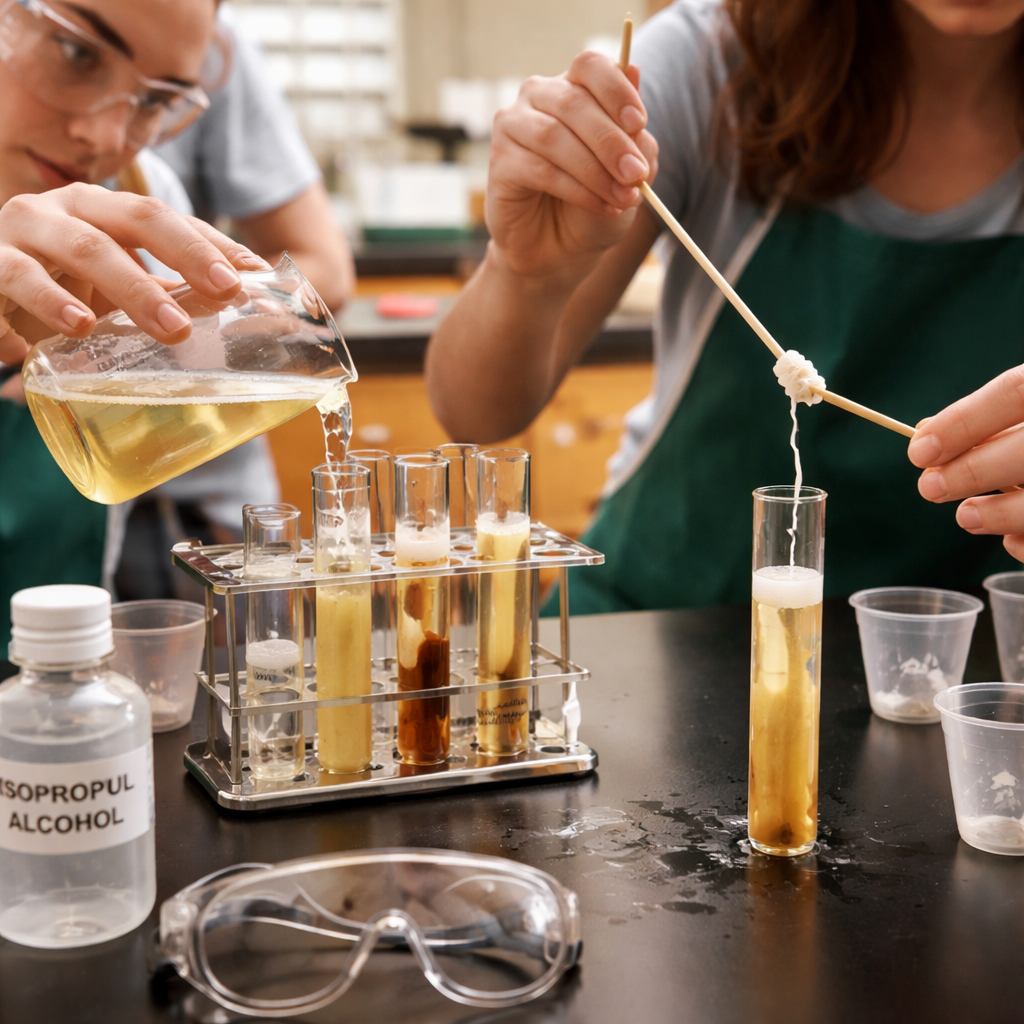A photorealistic classroom lab scene showing students carefully pouring chilled isopropyl alcohol down the side of clear tubes, a white, stringy DNA layer forming at the interface, and a student gently spooling DNA onto a wooden stick; realistic lighting, lab benches with labeled tubes and safety goggles, appealing to educators and biology teachers. Alt: Banana DNA extraction classroom activity precipitation step.
