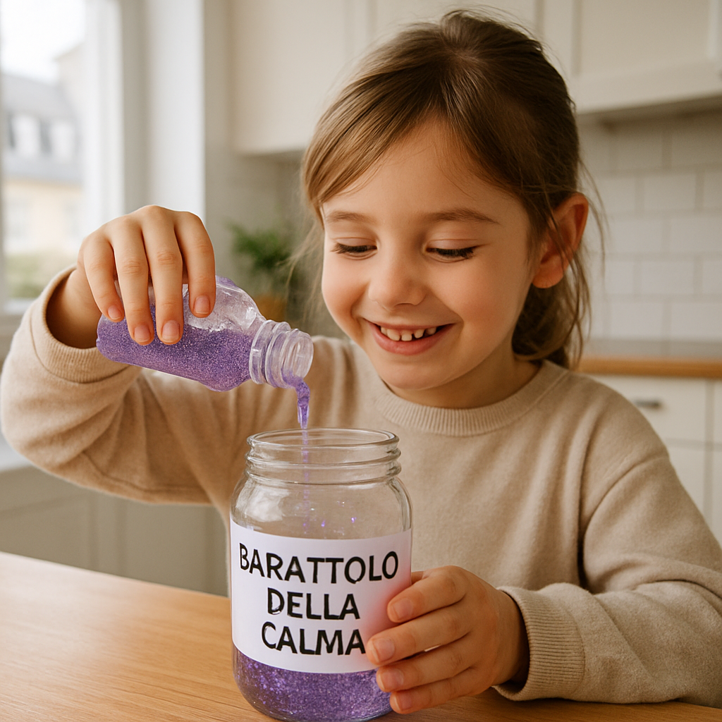 A child smiling while gently pouring scented liquid into a clear jar, glitter swirling inside, bright kitchen background. Alt: barattolo della calma fai da te personalizzato