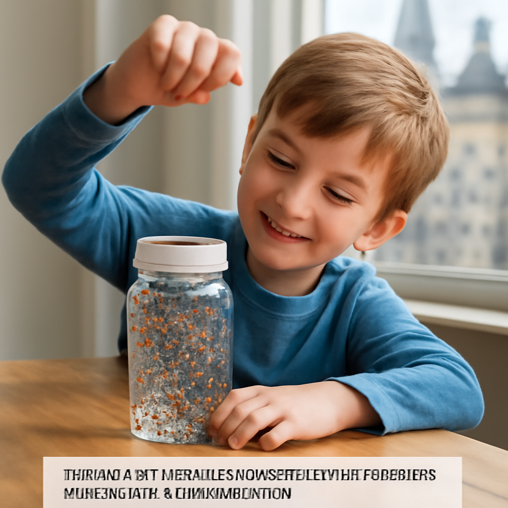 Un bambino che agita un barattolo di plastica trasparente pieno di glitter colorati su un tavolo di legno, luce naturale che illumina il liquido in movimento. Alt: barattolo della calma Montessori con glitter per bambini ADHD