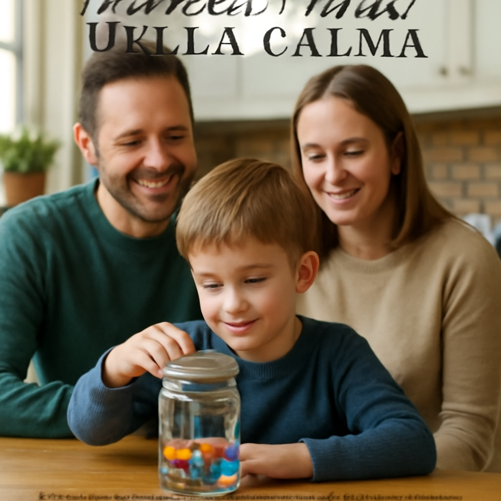Un bambino seduto a un tavolo di cucina con un barattolo della calma Montessori trasparente, perline colorate che fluttuano nell’acqua, mentre entrambi i genitori osservano sorridendo. Alt: barattolo della calma montessori usato durante una pausa routine.