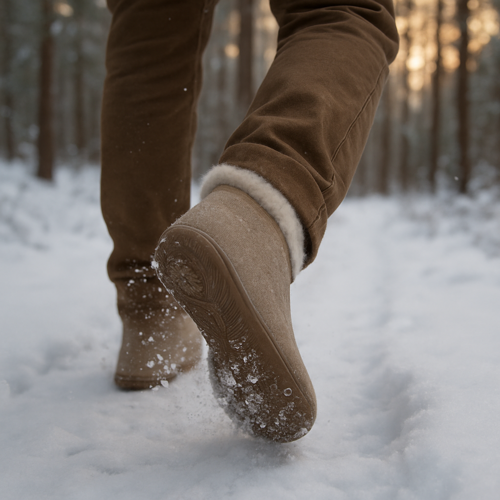 En person går på en snötäckt skogsstig med tunna, ullfodrade barfotaskor, snö som virvlar runt foten, mjukt vinterljus i bakgrunden. Alt: Barfota skor vinter – frihet och värme i snön.